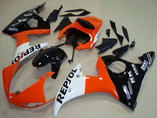Billigste Yamaha YZF R6 Motorrad Verkleidung 2003-2004 - Orange Weiss Glanzendes Schwarz Repsol