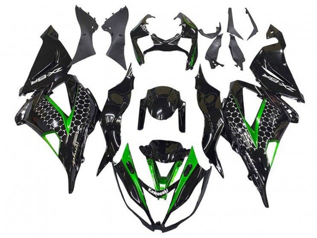 Billigste Kawasaki ZX6R Motorrad Verkleidung 2013-2018 - Glanzendes Schwarz Grun Weiss Bienenwabe
