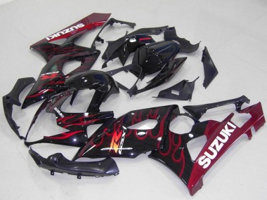 Billigste Suzuki GSXR 1000 Motorrad Verkleidung 2005-2006 - Glanzendes Schwarz Rot Flamme