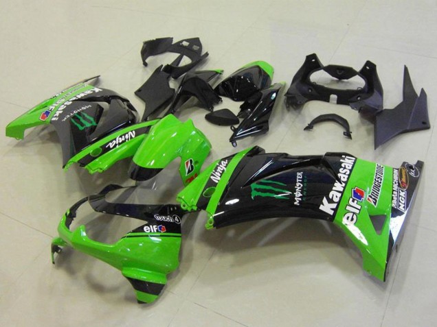 Billigste Kawasaki ZX250R Motorrad Verkleidung 2008-2012 - Grun Glanzendes Schwarz Elf Monster Bridgestone