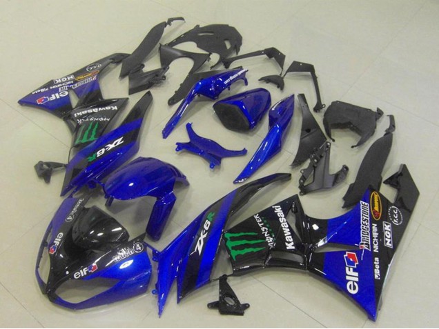 Billigste Kawasaki ZX6R Motorrad Verkleidung 2009-2012 - Blau Glanzendes Schwarz Grun Elf Monster Bridgestone