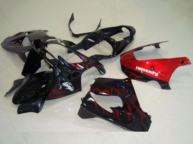 Billigste Kawasaki ZX9R Motorrad Verkleidung 2000-2001 - Glanzendes Schwarz Rot Flamme