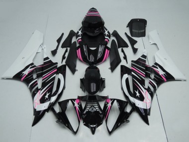 Billigste Yamaha YZF R6 Motorrad Verkleidung 2006-2007 - Weiss Glanzendes Schwarz Rosa Stern Flamme