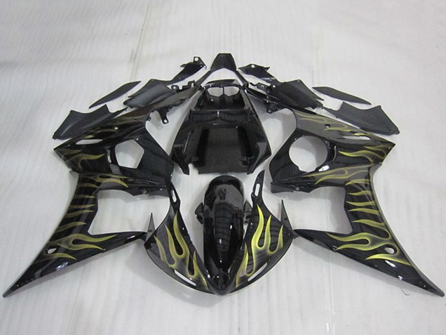 Billigste Yamaha YZF R6 Motorrad Verkleidung 2003-2004 - Glanzendes Schwarz Gold Flamme