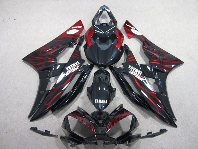 Billigste Yamaha YZF R6 Motorrad Verkleidung 2006-2007 - Glanzendes Schwarz Rot Flamme