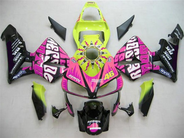Billigste Honda CBR600RR Motorrad Verkleidung 2003-2004 - Gelb Rosa Glanzendes Schwarz Valentino Rossi
