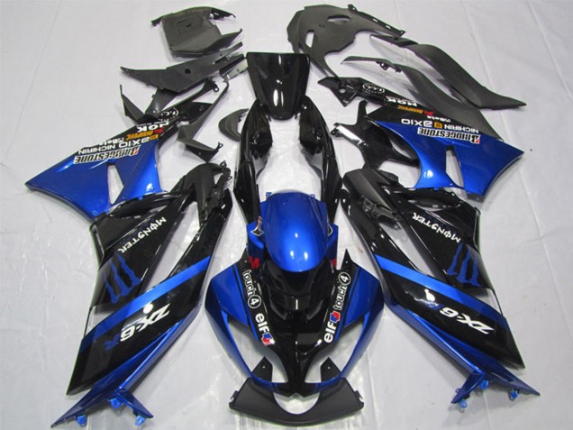 Billigste Kawasaki ZX6R Motorrad Verkleidung 2009-2012 - Blau Glanzendes Schwarz Elf Touch4 Monster Bridgestone