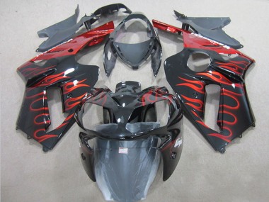 Billigste Kawasaki ZX6R Motorrad Verkleidung 2007-2008 - Schwarz Rot Flamme