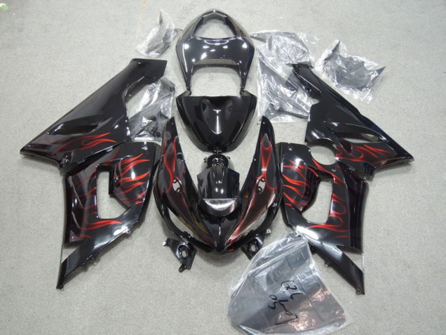 Billigste Kawasaki ZX6R Motorrad Verkleidung 2005-2006 - Glanzendes Schwarz Rot Flamme