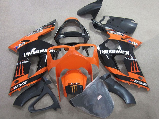Billigste Kawasaki ZX6R Motorrad Verkleidung 2003-2004 - Orange Schwarz Monster