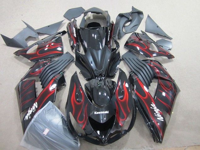 Billigste Kawasaki ZX14R ZZR1400 Motorrad Verkleidung 2006-2011 - Glanzendes Schwarz Rot Flamme