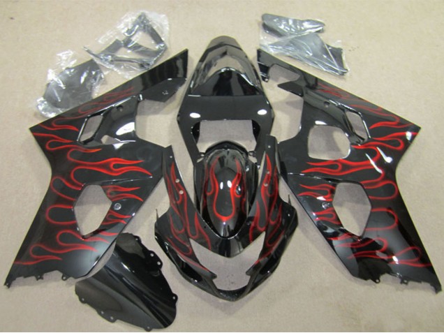Billigste Suzuki GSXR 600 Motorrad Verkleidung 2004-2005 - Glanzendes Schwarz Rot Flamme