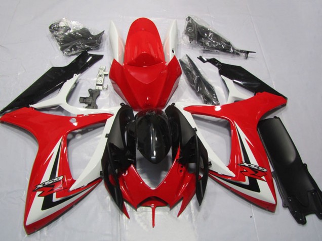 Billigste Suzuki GSXR 600 Motorrad Verkleidung 2006-2007 - Weiss Rot Glanzendes Schwarz Streifen
