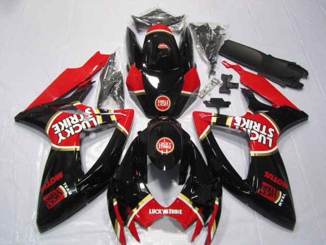 Billigste Suzuki GSXR 600 Motorrad Verkleidung 2006-2007 - Glanzendes Schwarz Rot Weiss Lucky Strike Motul