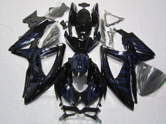 Billigste Suzuki GSXR 600 Motorrad Verkleidung 2008-2010 - Glanzendes Schwarz Blau Flamme