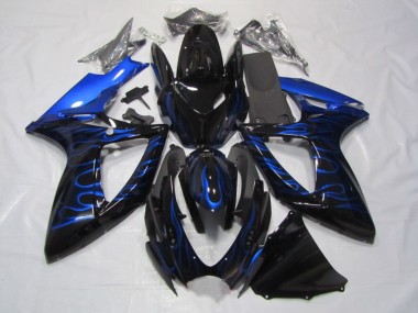 Billigste Suzuki GSXR 750 Motorrad Verkleidung 2006-2007 - Glanzendes Schwarz Blau Flamme