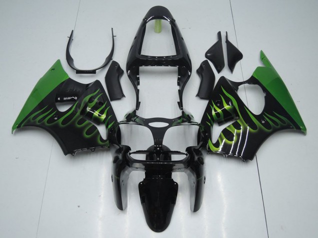 ZX6R 00-02 Motorrad Verkleidungen - Schwarz mit Grün Flamme ZX6R 00-02 Motorrad Verkleidungen - Schwarz mit Grün Flamme