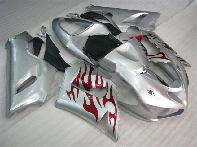 ZX6R 05-06 Motorrad Verkleidungen - Silber Rot Flammen ZX6R 05-06 Motorrad Verkleidungen - Silber Rot Flammen