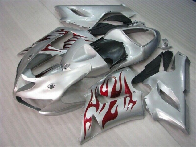 ZX6R 05-06 Motorrad Verkleidungen - Silber Rot Flammen ZX6R 05-06 Motorrad Verkleidungen - Silber Rot Flammen