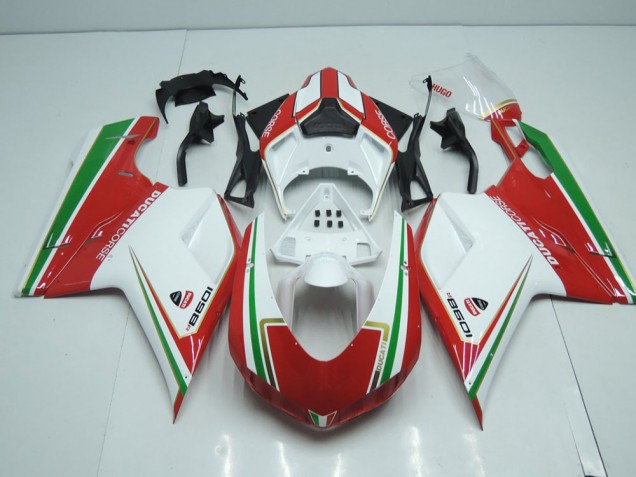 Ducati 848 1098 1198 07-14 Motorrad Verkleidungen - Weiß Und Rot mit Grün Streifen Ducati 848 1098 1198 07-14 Motorrad Verkleidungen - Weiß Und Rot mit Grün Streifen